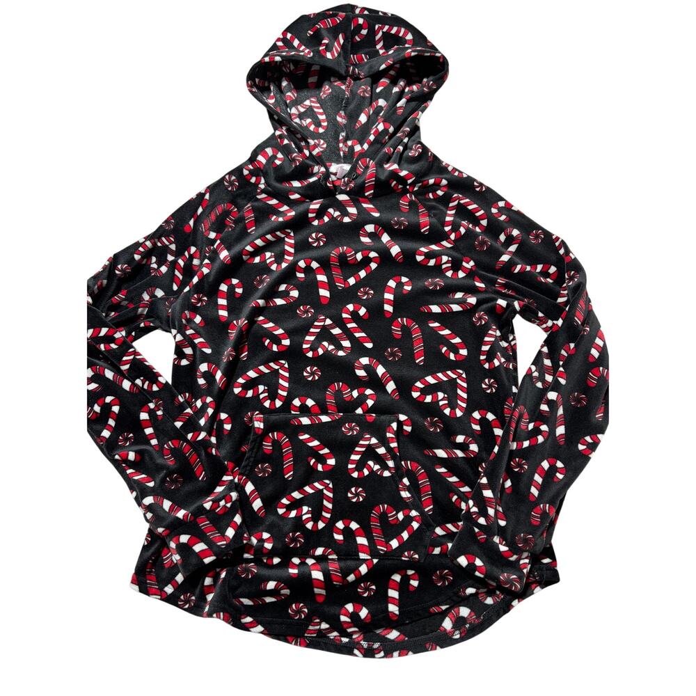 No Boundaries Womens XL Black & Red Heart Candy Cane Super Soft Hooded Sweater